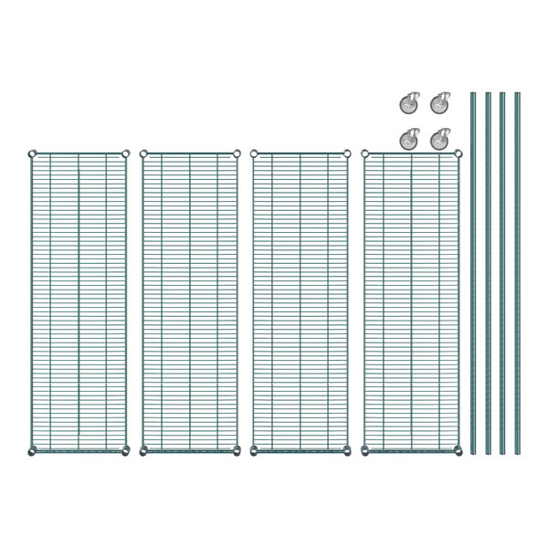 A Regency green epoxy wire rack starter kit with four shelves and metal rods.