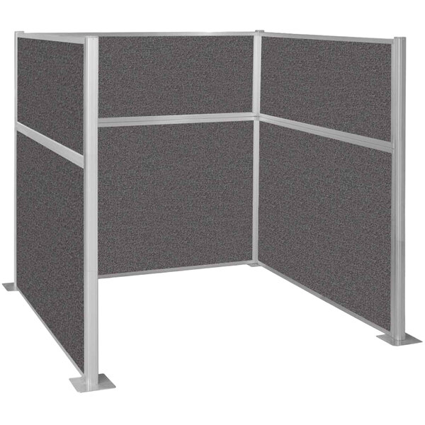 A grey Versare Hush Panel U-shape cubicle with silver metal posts.