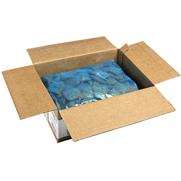 A white cardboard box with two blue bags of Bernardi Breaded Cheese Ravioli inside.