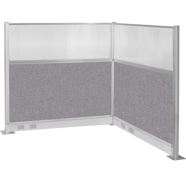 A Versare Hush Panel L-shaped cubicle with grey fabric.