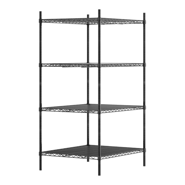 A black metal Regency shelving unit with four shelves.