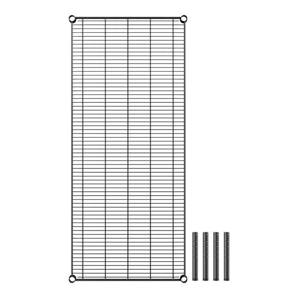 A black metal grid shelf with metal rods.