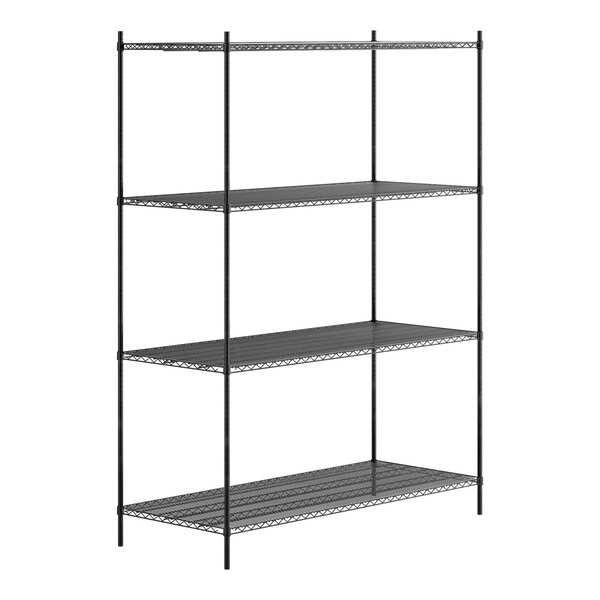 A black metal Regency wire shelving unit with four shelves.