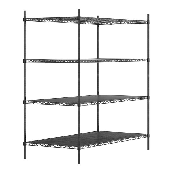 A black metal Regency shelving unit with four shelves.