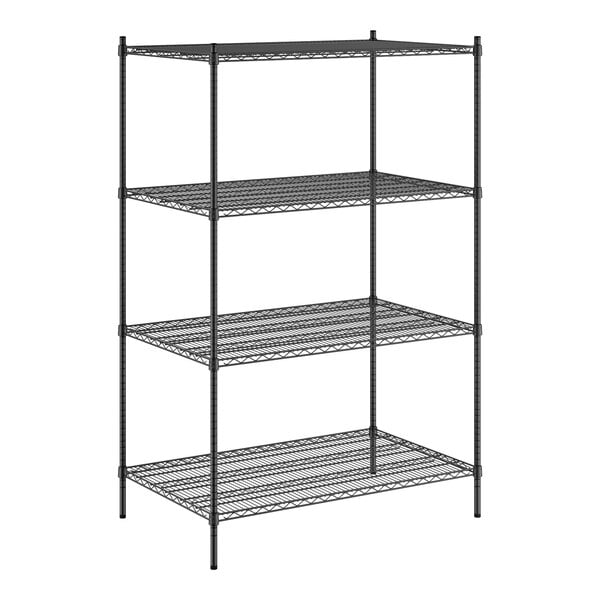 A black metal Regency shelving unit with four shelves.