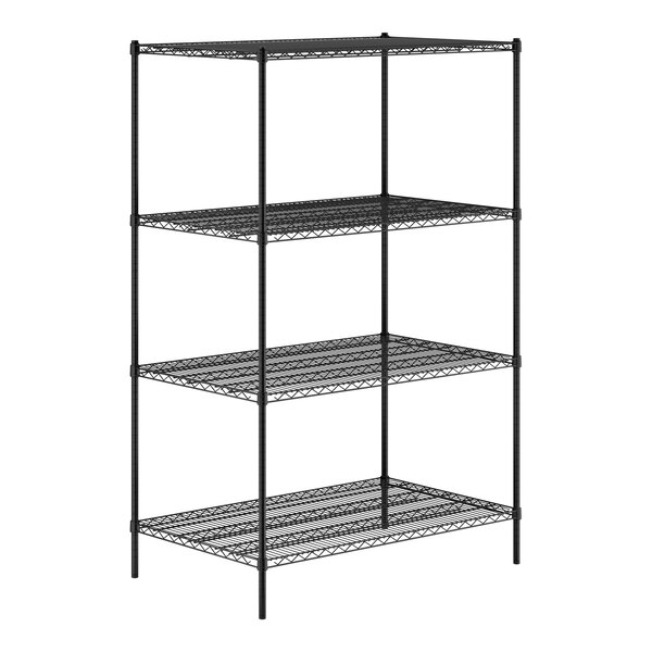 A black metal shelving unit with four wire shelves and four vertical posts.