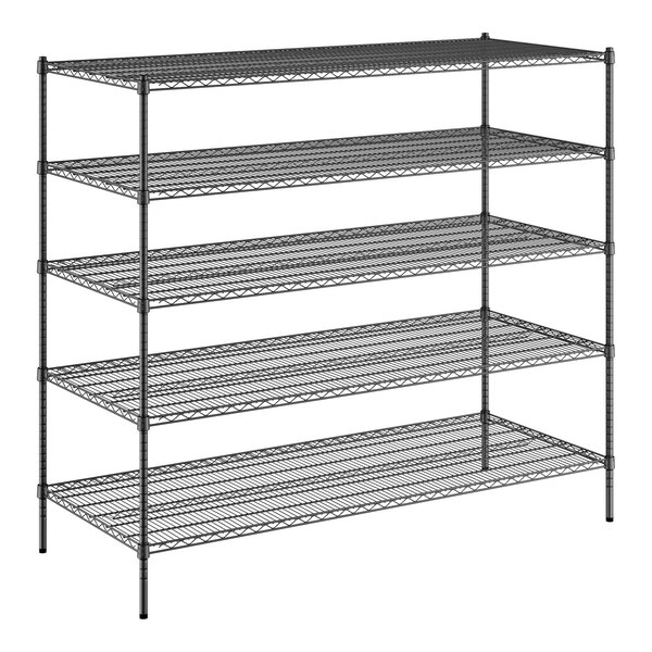 A Regency black wire shelving unit with five shelves.