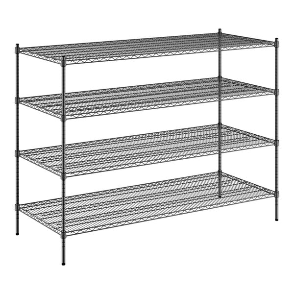 A black Regency wire shelving unit with four shelves.