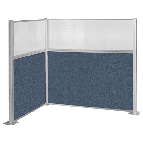 A blue and white fabric cubicle partition with a metal frame.
