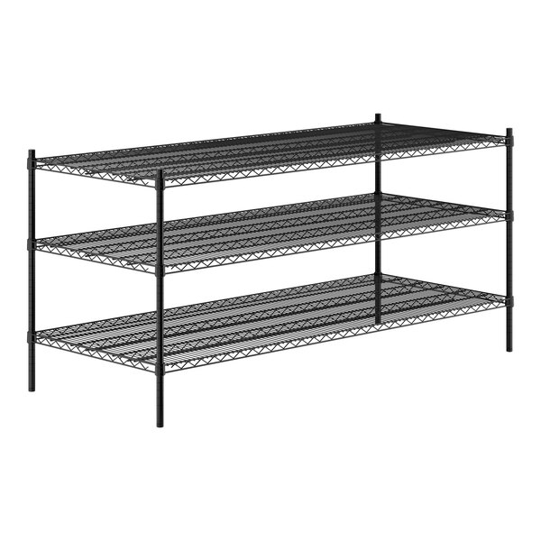 A three-tier black metal wire shelving unit with four vertical posts.