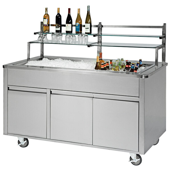 A Lakeside stainless steel portable back bar with bottles on ice.