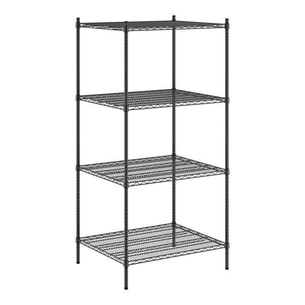 A Regency black wire shelving unit with four shelves.