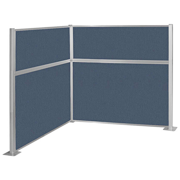 A blue cubicle with silver corners.