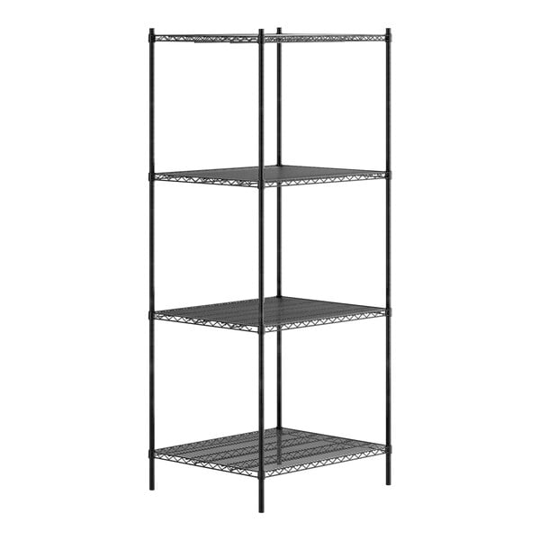 A black metal Regency shelving unit with four shelves.