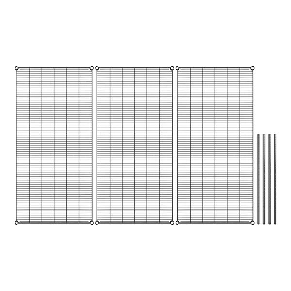 A black wire shelving unit with three shelves and black metal rods.