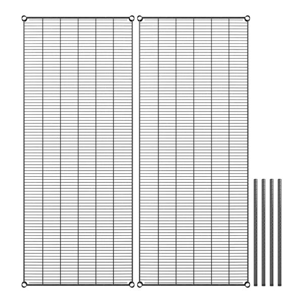 A black Regency wire shelf kit with black grid shelves and black posts.