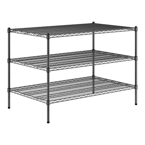 A black Regency wire shelving unit with three shelves.