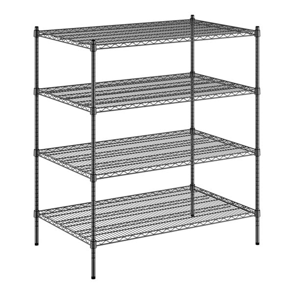 A black metal Regency wire shelving unit with four shelves.