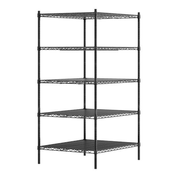 A black metal Regency shelving unit with five shelves.