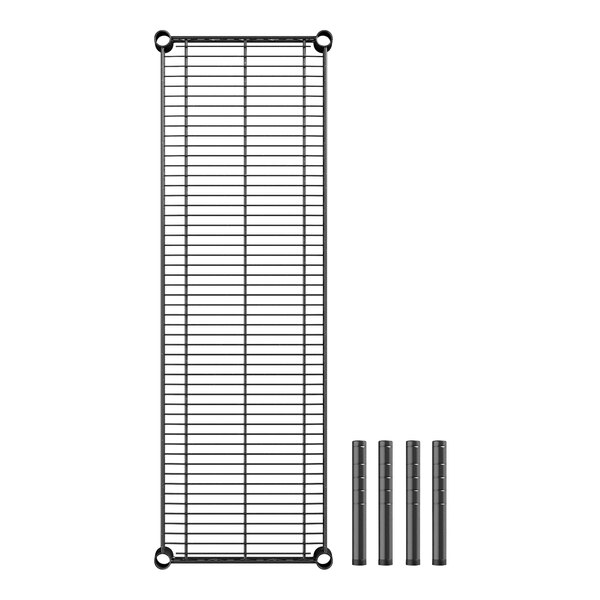 A black metal shelf with four metal rods.