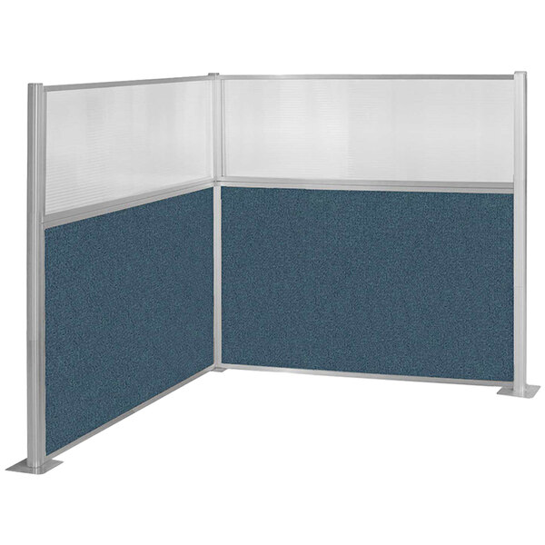 A Versare Caribbean L-Shape cubicle with blue fabric.