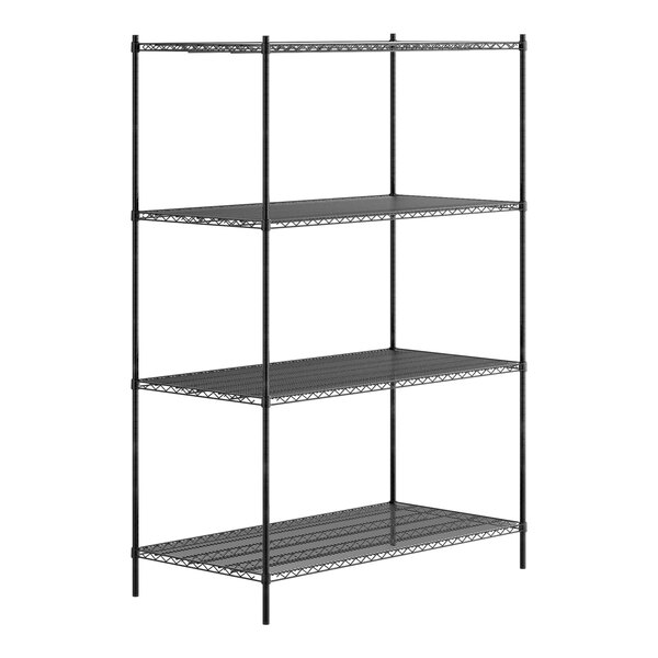 A Regency black metal shelving unit with four shelves.