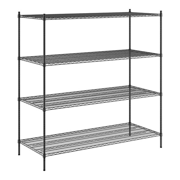 A Regency black wire shelving unit with four shelves.