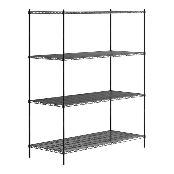 A black metal Regency shelving unit with four shelves.