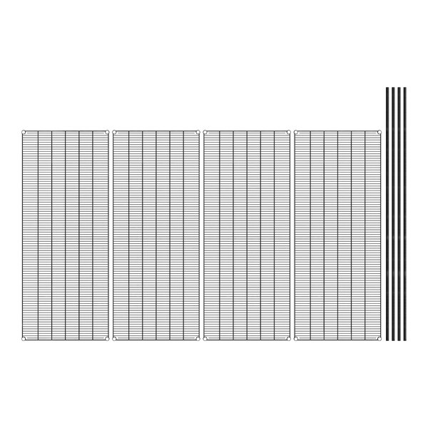 A drawing of a black metal grid with four shelves.