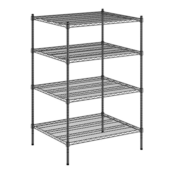 A black wire Regency shelving unit with four shelves.