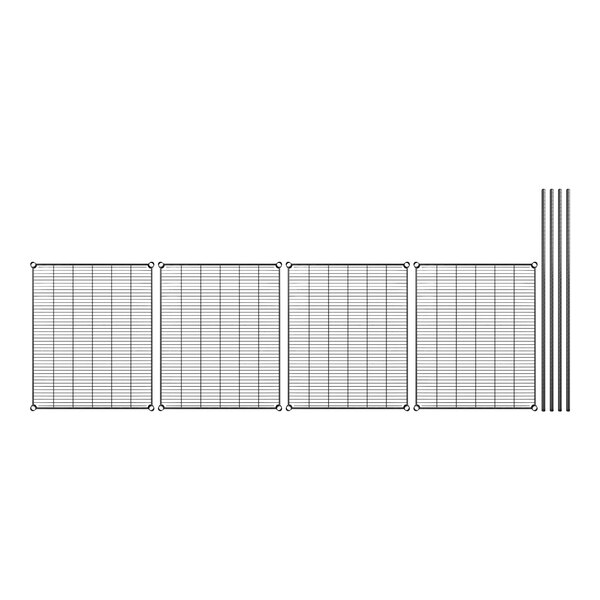 A row of black metal grid shelves with black posts.