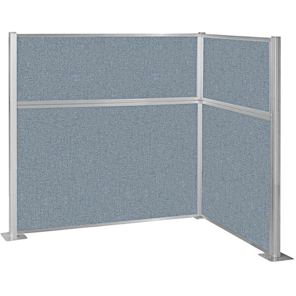 A white metal frame with powder blue fabric panels forming an L-shaped cubicle.