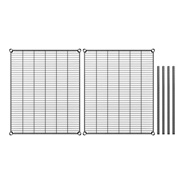 A close-up of a black metal grid with metal bars.