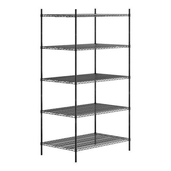 A black metal Regency shelving unit with four shelves.