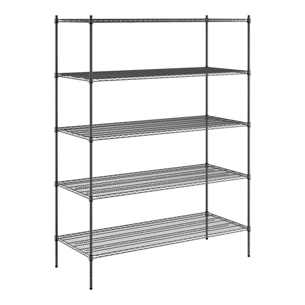 A black metal Regency wire shelving unit with four shelves.