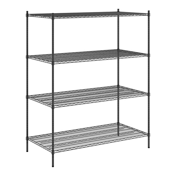 A black metal Regency shelving unit with four shelves.