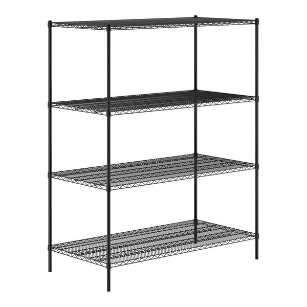 A black metal shelving unit with four wire shelves and four vertical posts.