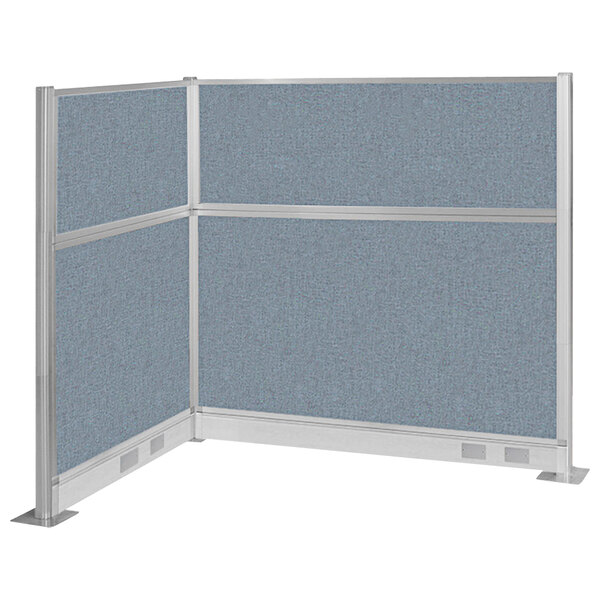 A Versare powder blue and gray L-shaped cubicle partition with metal frame.