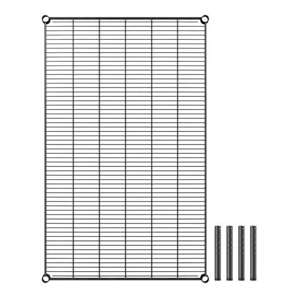 A black metal grid shelf with metal rods.