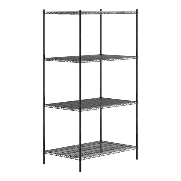 A black metal Regency shelving unit with four shelves.