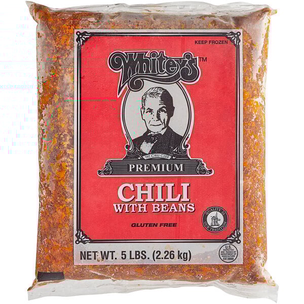 A white bag of Whitey's Beef Chili with a red label.
