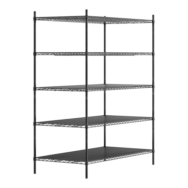 A Regency black metal shelving unit with four shelves.