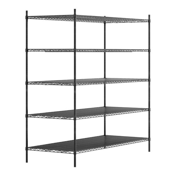 A Regency black metal shelving unit with five shelves.