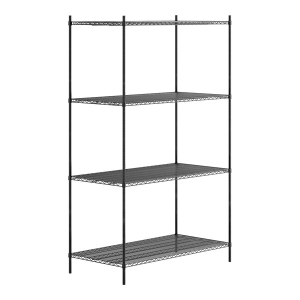 A black metal Regency 4-shelf kit with shelves.