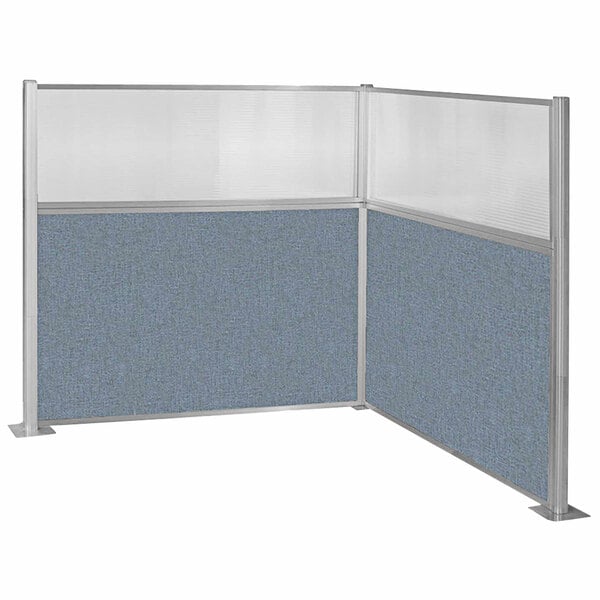 A Versare powder blue cubicle with two panels and a window.