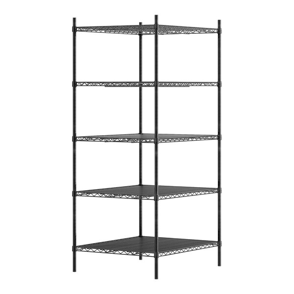 A Regency black metal shelving unit with four shelves.