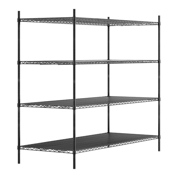 A black metal Regency shelving unit with four shelves.