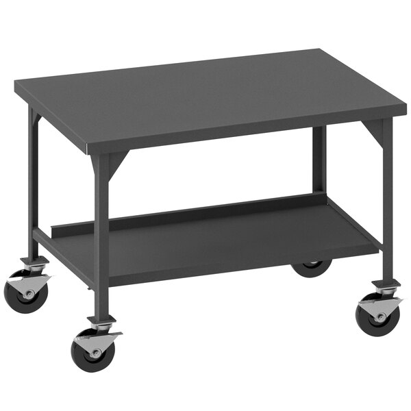 A black Durham Mfg mobile steel workbench with wheels.