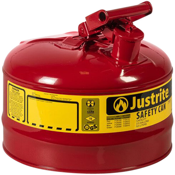 A red metal Justrite safety canister with a yellow flame arrester label.