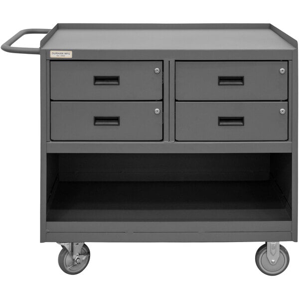 A gray Durham mobile steel workstation cart with four drawers on wheels.